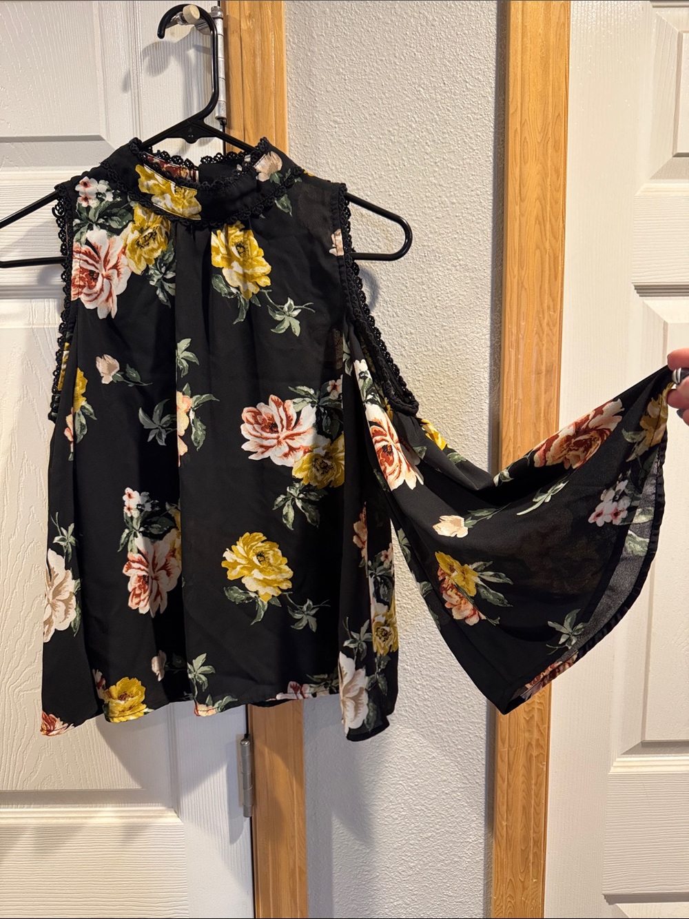 Timing Black Floral Cold-Shoulder Tunic with Bell Sleeves